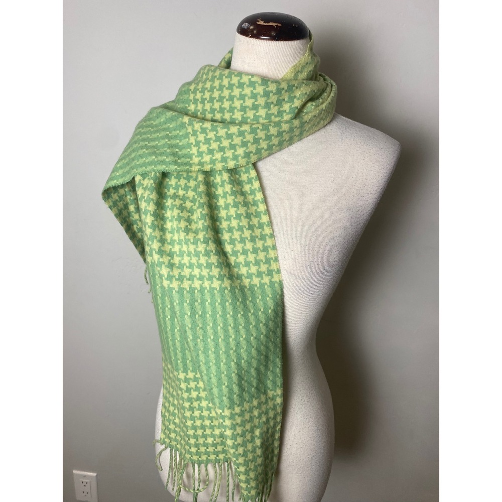 Vintage Made in Germany Green Houndstooth Fringe Scarf Mint Yellow RN17730